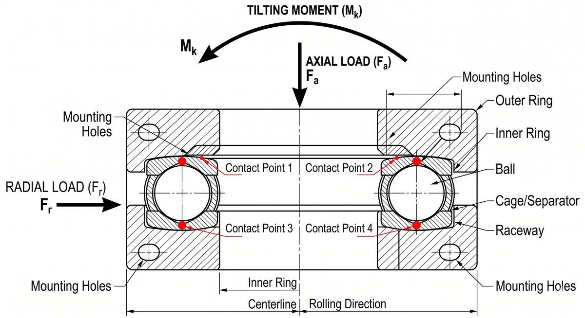 Four-point contact ball bearing force diagram showing axial, radial, and moment loads