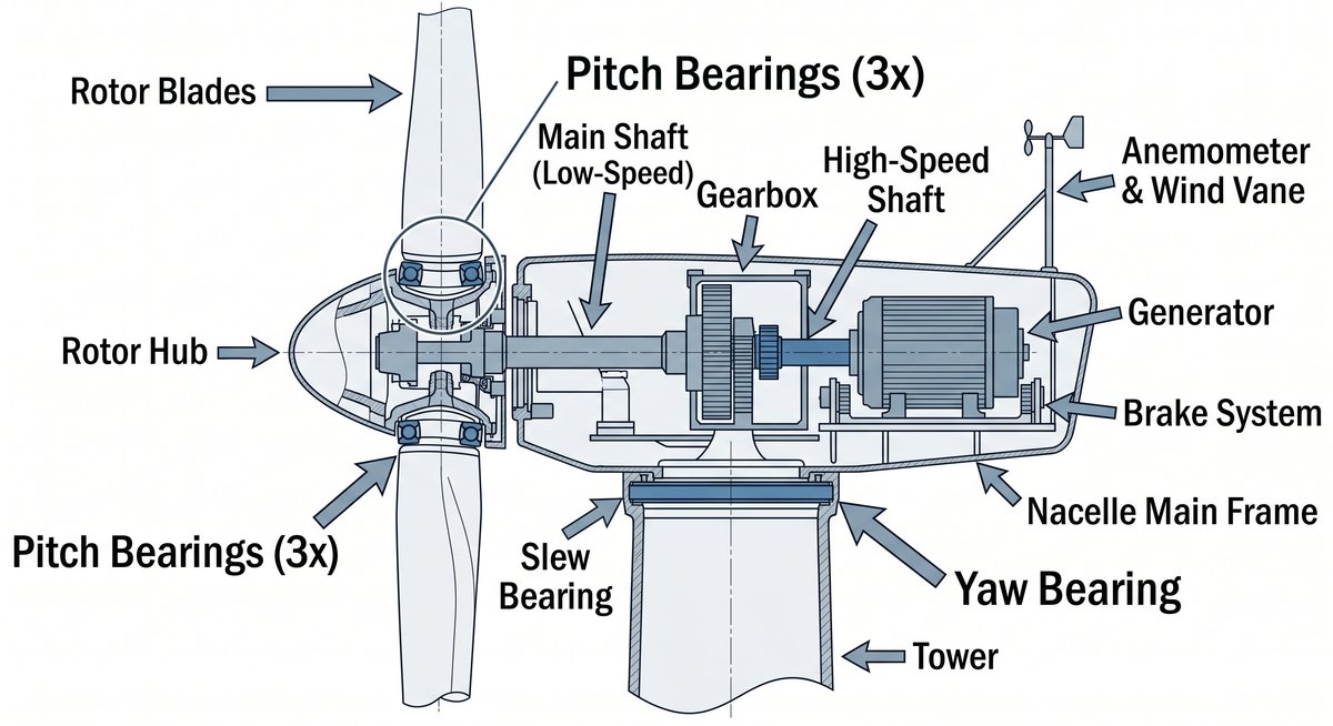 Wind turbine cross-section showing yaw bearing and pitch bearing positions